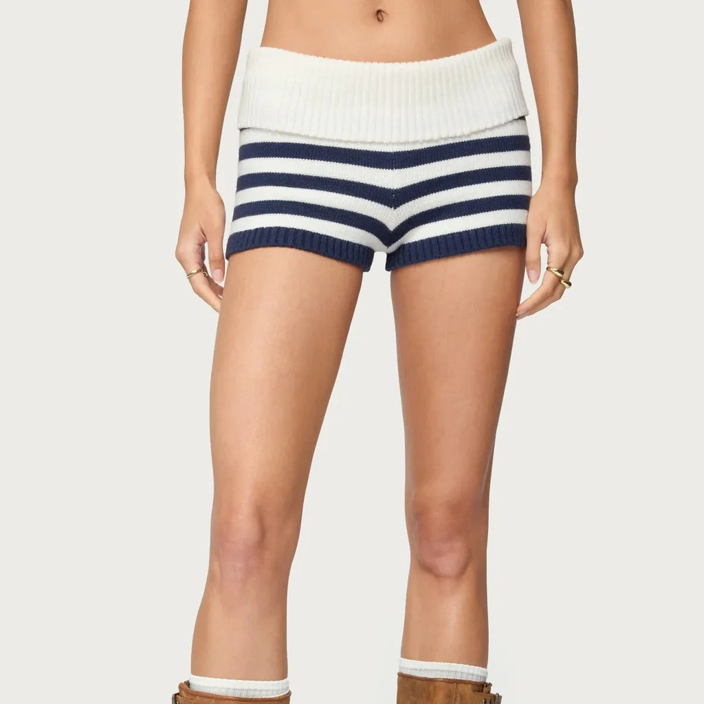 Pantalones cortos de punto a rayas para mujer, de microfibra, para verano, con cintura elástica plegable, ajustados, tipo mini, Y2k, para estar en casa, pantalones cortos de punto, para vacaciones en la playa