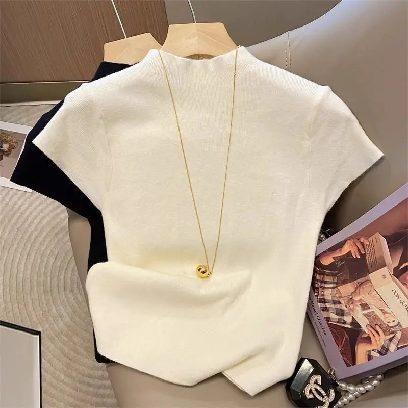 Jersey Básico de Cuello Alto Delgado Sólido Verano 2026 Pulóver Tejido de Manga Corta Ajustado para Mujer