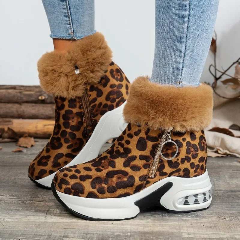 Thick-soled Leopard Print Frosted Zipper Cotton Boots