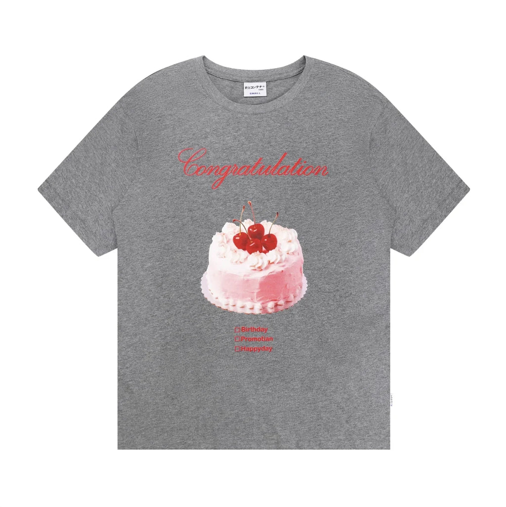 [RE-CON] Camiseta informal de manga corta con estampado de pastel de crema de cereza dulce y linda, versión coreana, 100% algodón