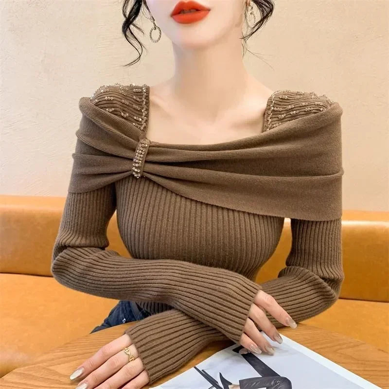 Beading Bow Square Collar Sweater