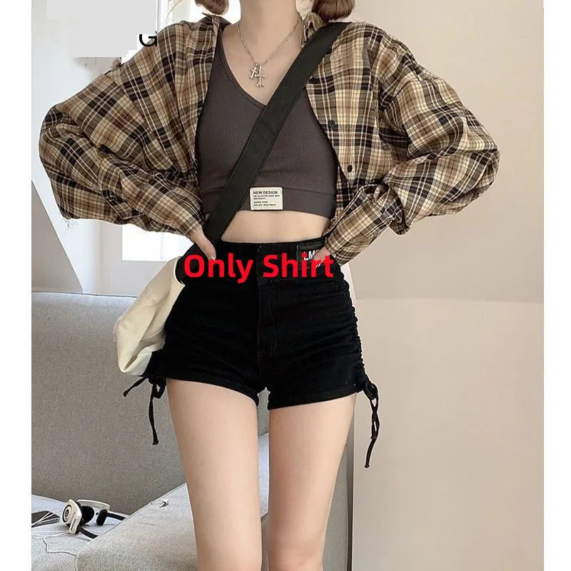 Conjunto de dos piezas de camisa a cuadros y vestido sexy irregular a juego, moda de verano/otoño, elegante cárdigan de estilo coreano con falda a rayas para mujer