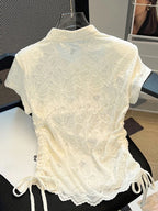 Camisas chinas con cuello alto, manga corta, color liso, cordón, jacquard, tops cortos, ropa de mujer elegante y delgada de verano