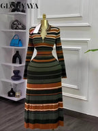 GLCMYAYA Vestido Largo Maxi de Mujer a Rayas de Manga Larga con Cuello en V 2025 Otoño Invierno Calle Casual Cumpleaños Fiesta Sexy Vestidos de Noche
