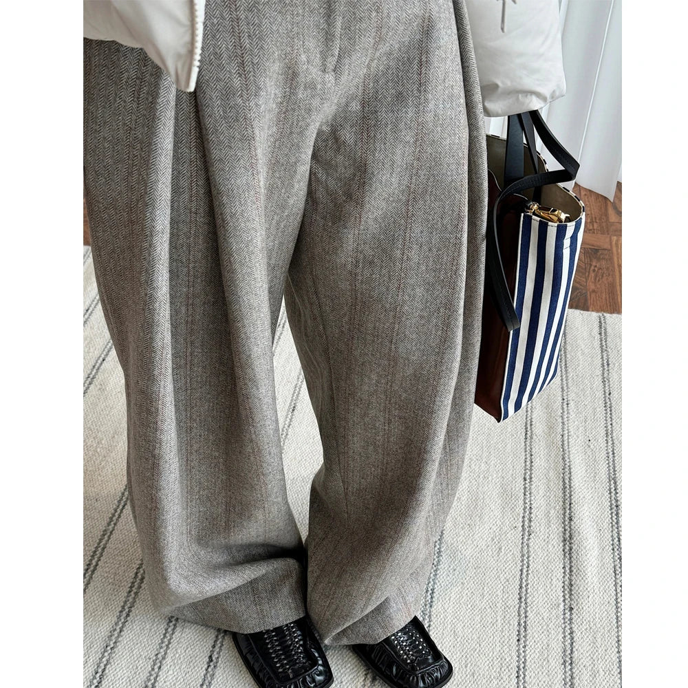 Pantalones de Moda de Mujer de Primavera de 80% Lana, Pierna Ancha, Cintura Alta, Rayas, Rectos, Ropa de Moda, Pantalones Femeninos