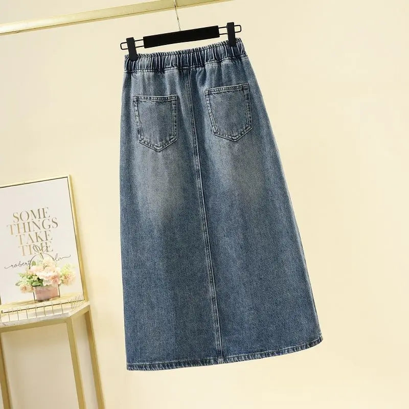 Primavera/Verano 2026Nueva falda vaquera con cordón en la cintura elástica y abertura, de talle alto, estilo retro y corte A informal para mujer