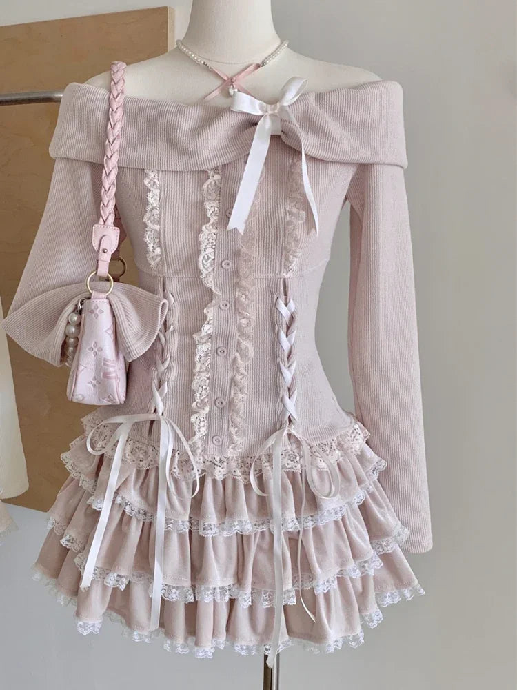 Conjunto de 2 piezas de invierno de punto japonés Kawaii Y2k para mujer, falda elegante de encaje, retro, traje de falda chic, tops + minifalda de pastel 2025