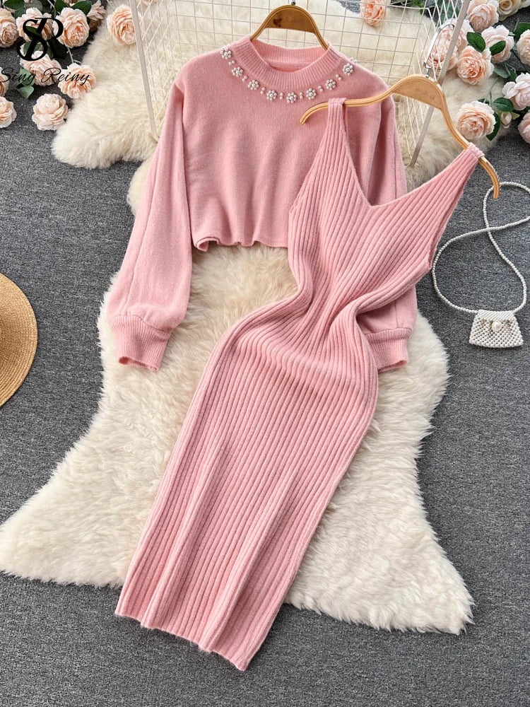 Long Sleeve Pearl Sweater + Knitted Camis Dress Set