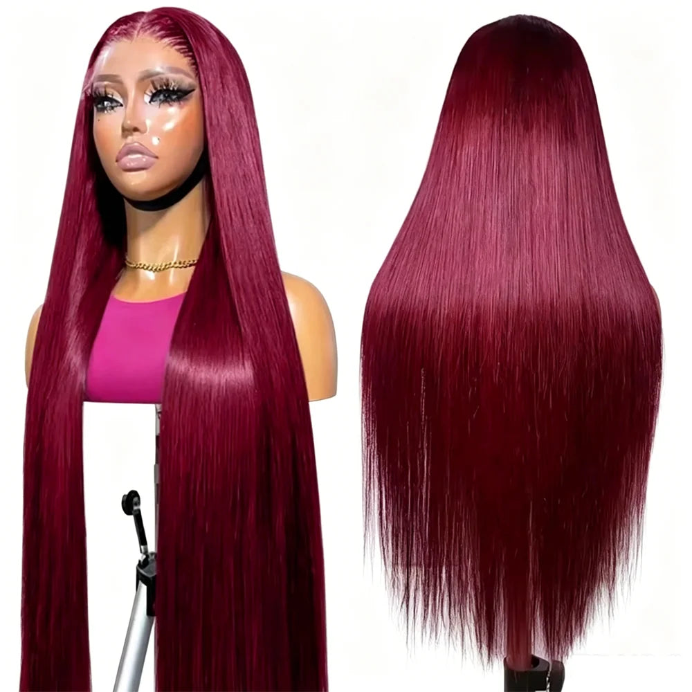 28 Inch 99J Burgundy Bone Straight Human Hair Wig