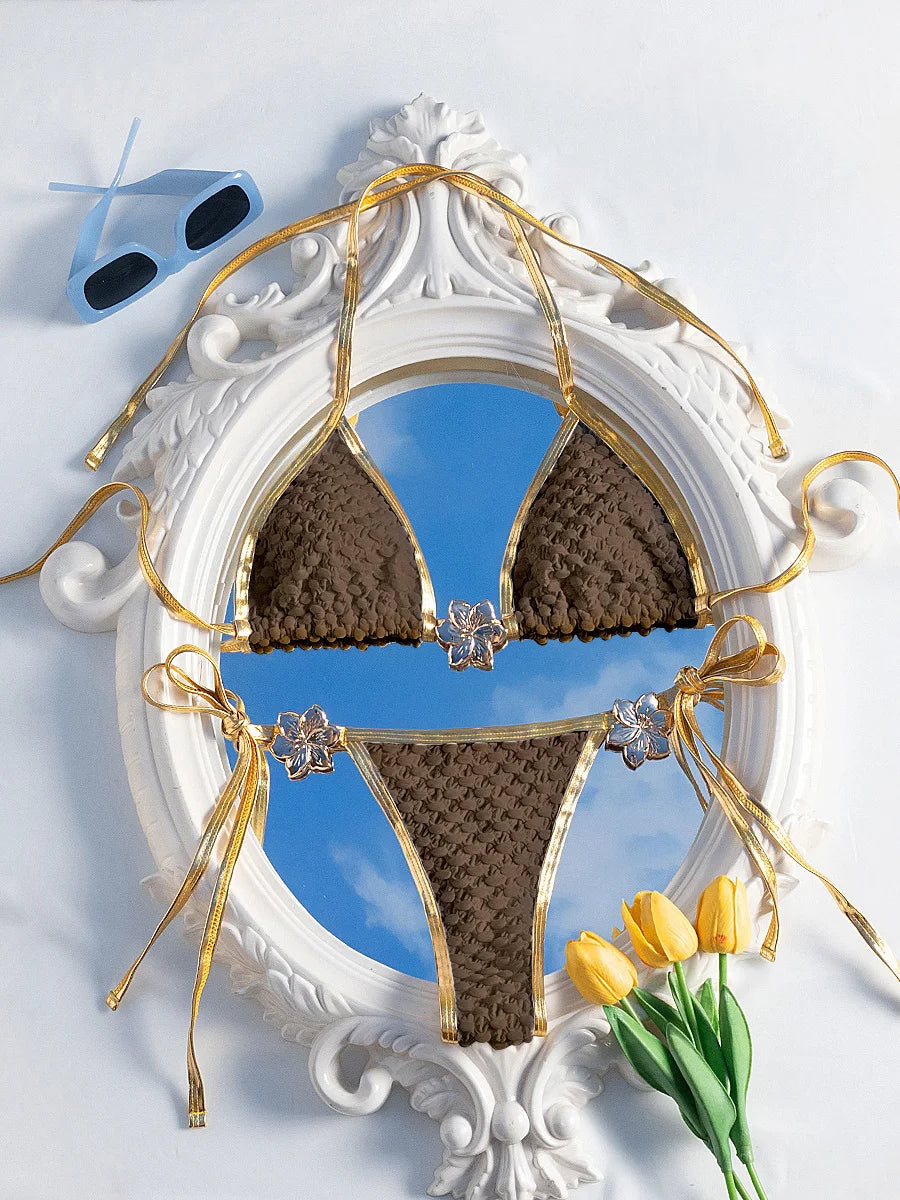 Bikini de tirantes con pliegues, micro tanga, de metal con flores, para mujer, traje de baño de dos piezas, conjunto de bikini para mujer, traje de baño