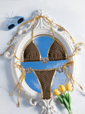 Bikini de tirantes con pliegues, micro tanga, de metal con flores, para mujer, traje de baño de dos piezas, conjunto de bikini para mujer, traje de baño