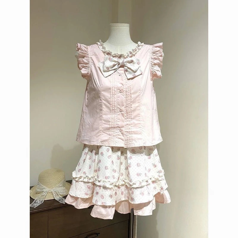 Sweet Ruffle Lace Puff Sleeve Top + Cake Skirt Set
