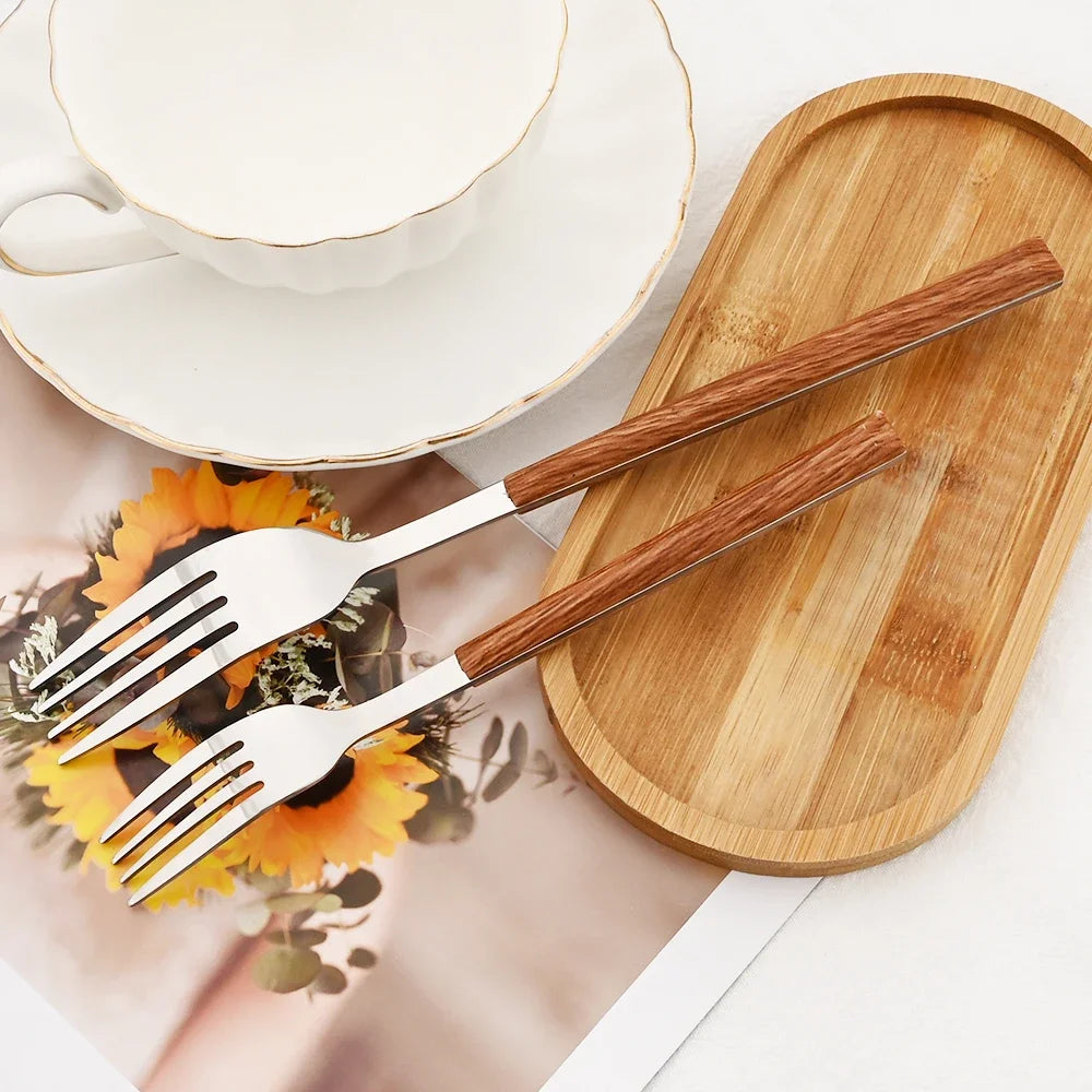16/24/30Pcs Stainless Steel Imitation Wooden Handle Cutlery Se