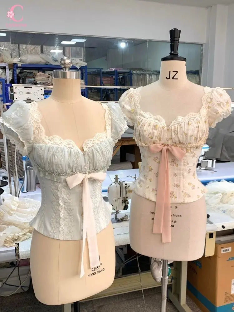 Lace Trim Floral Bow Tie Front Ruched Crop Top