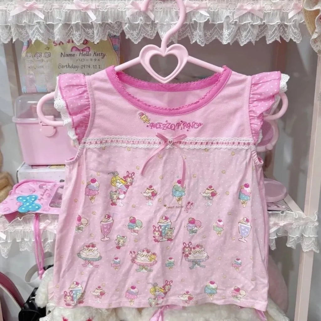 Blusa Estampada Kawaii Sweet Lolita para Mujer Manga con Volantes Encaje Camiseta con Ribete de Lazo Decoración Personaje de Dibujos Animados Estampado Integral Top Lindo
