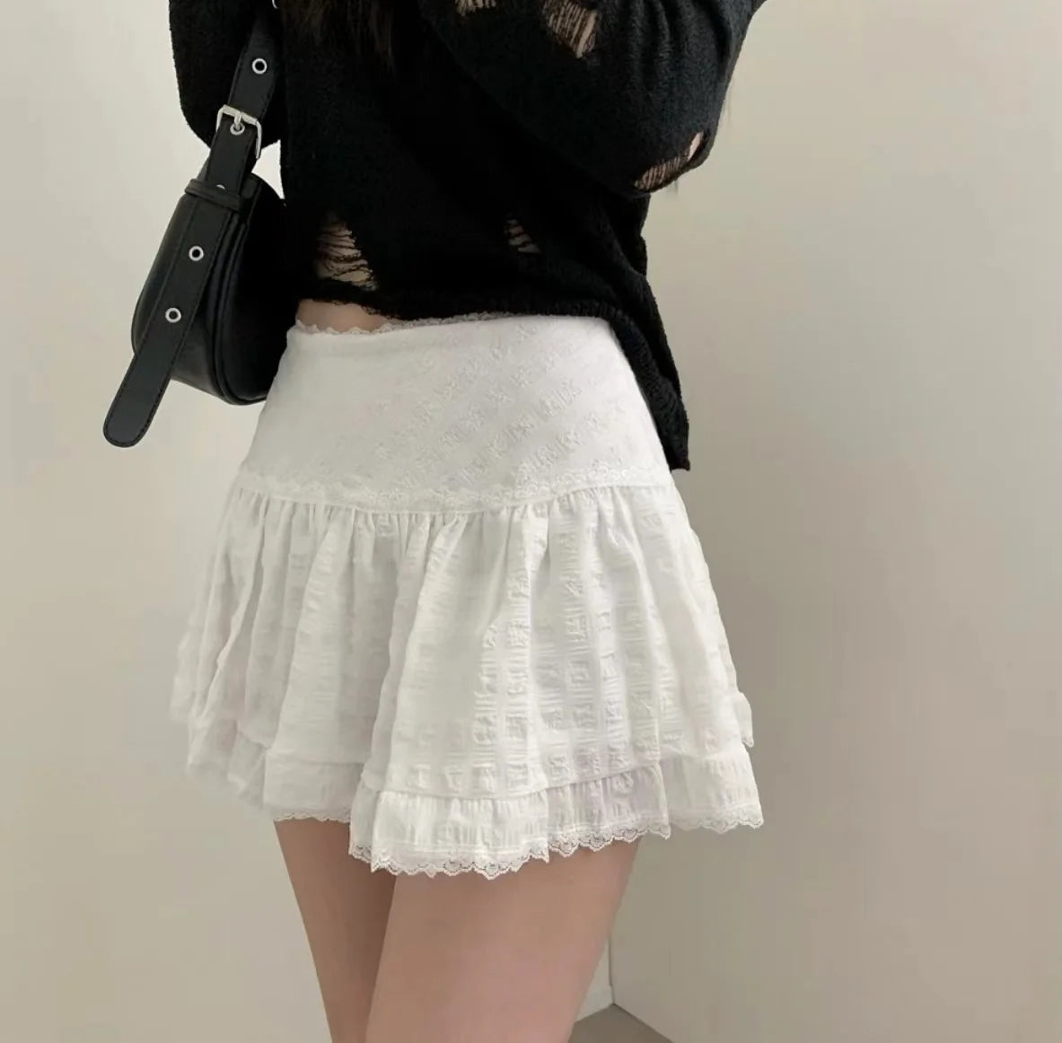 Minifalda de talle bajo Y2K con volantes escalonados y encaje, falda corta blanca de verano para mujer, adolescente, conjunto femenino estilo Barbiecore