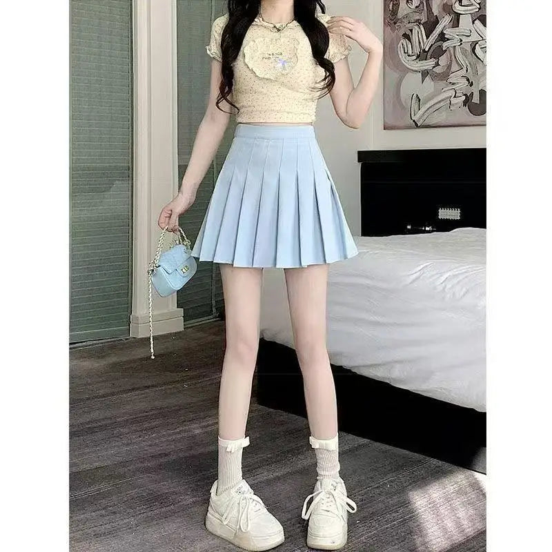 Short Sleeve Shirt Top + Short Pleated Skirt Two Piece Set