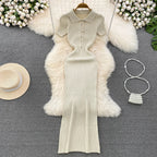 REALEFT Verano 2026 Nuevo Polo de Mujer Vestido Largo Tejido Sólido Elegante Manga Corta Botones Vestido Bodycon Envolvente Femenino