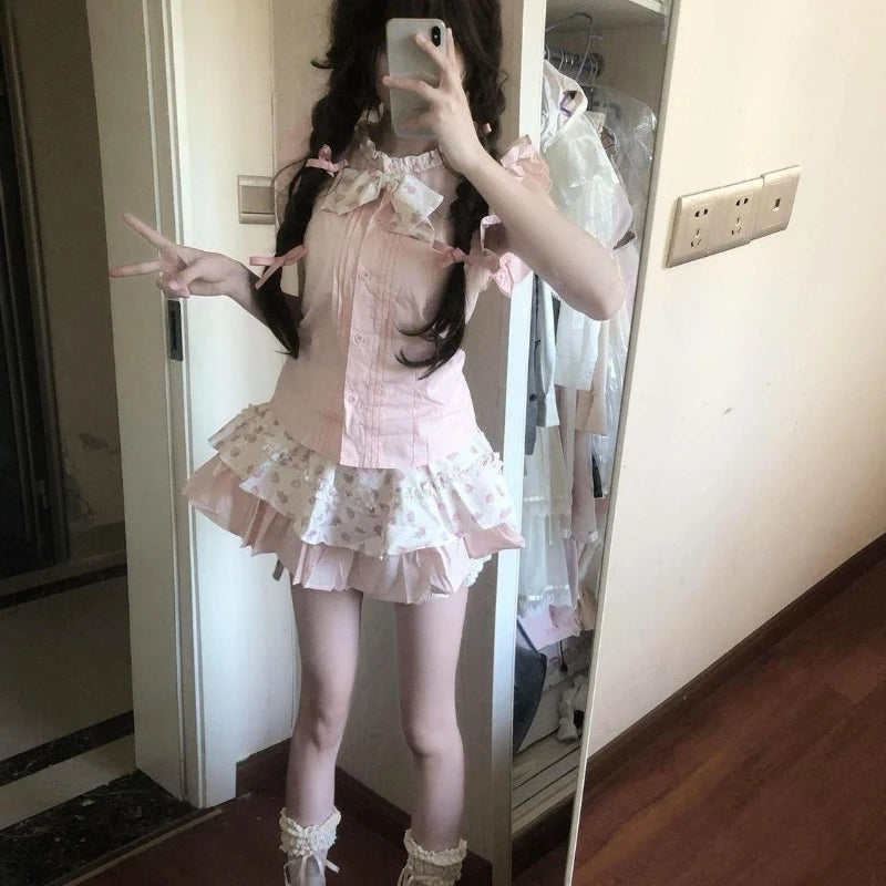 Sweet Ruffle Lace Puff Sleeve Top + Cake Skirt Set