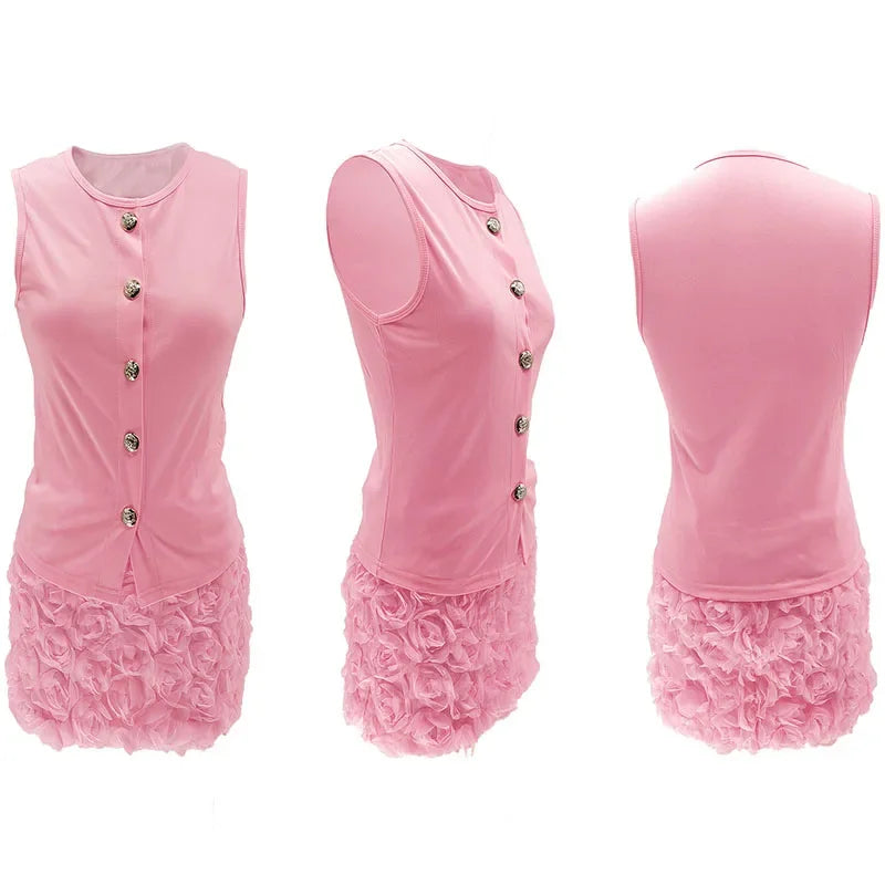 Sleeveless Single-Breasted Top and Floral Mini Skirt Set