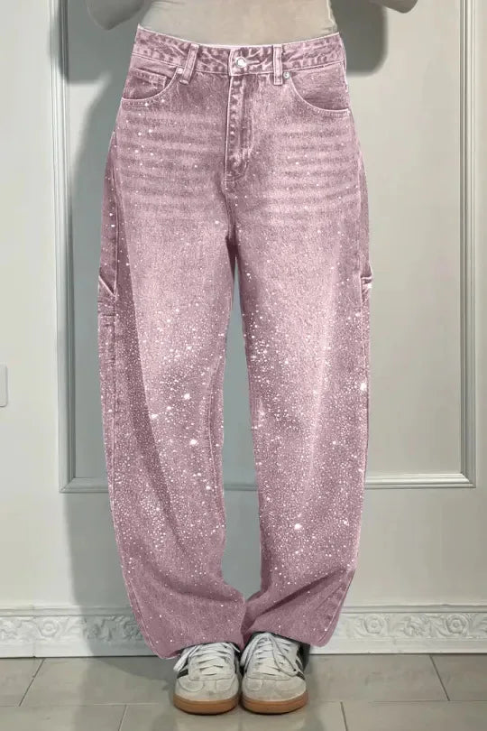 Pantalones vaqueros de mujer con estrellas bordadas y diamantes de imitación, estilo vintage informal de mezclilla con detalles brillantes