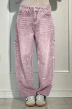 Pantalones vaqueros de mujer con estrellas bordadas y diamantes de imitación, estilo vintage informal de mezclilla con detalles brillantes