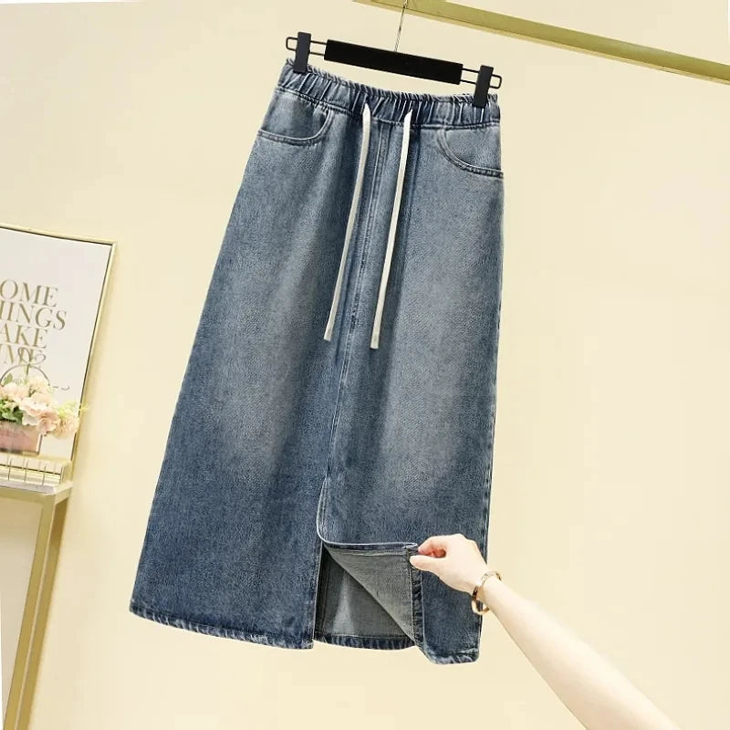 Primavera/Verano 2026Nueva falda vaquera con cordón en la cintura elástica y abertura, de talle alto, estilo retro y corte A informal para mujer
