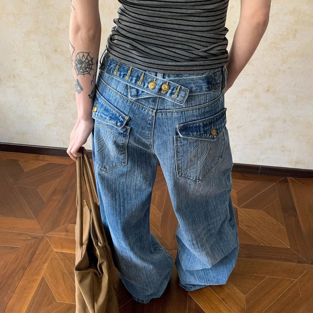 washed button design straight leg loose jeans