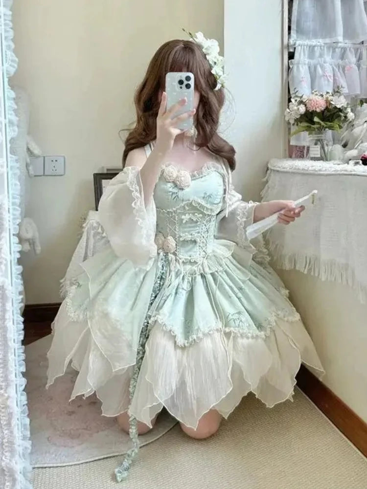 Vestido Lolita Elegante Dulce Estampado de Frutas Kawaii Vestido de Princesa de Manga Corta para Mujer Lindo Lazo Cuello Peter Pan Vestido de Fiesta para Chicas Atrevidas