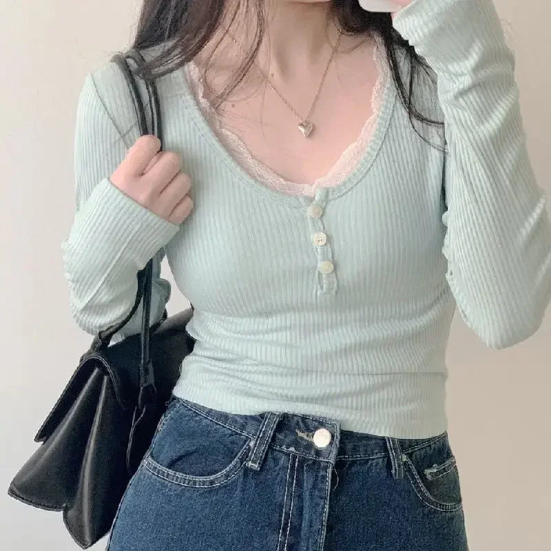 Long Sleeve Slim Lace Button Top