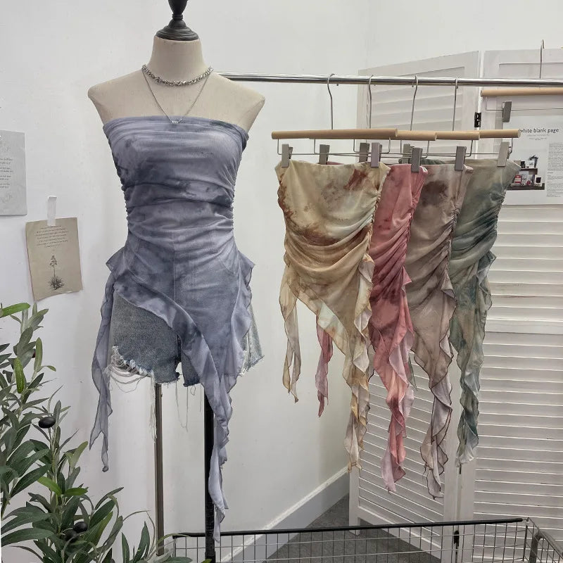 Tie-Dye Mesh Ruffle Edge Asymmetric Tube Top