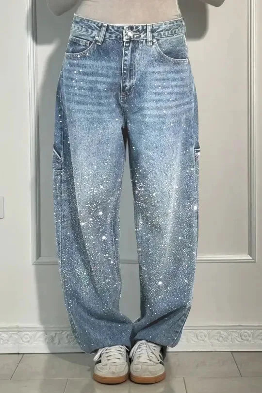 Pantalones vaqueros de mujer con estrellas bordadas y diamantes de imitación, estilo vintage informal de mezclilla con detalles brillantes