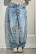 Pantalones vaqueros de mujer con estrellas bordadas y diamantes de imitación, estilo vintage informal de mezclilla con detalles brillantes