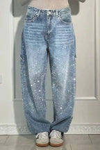 Pantalones vaqueros de mujer con estrellas bordadas y diamantes de imitación, estilo vintage informal de mezclilla con detalles brillantes