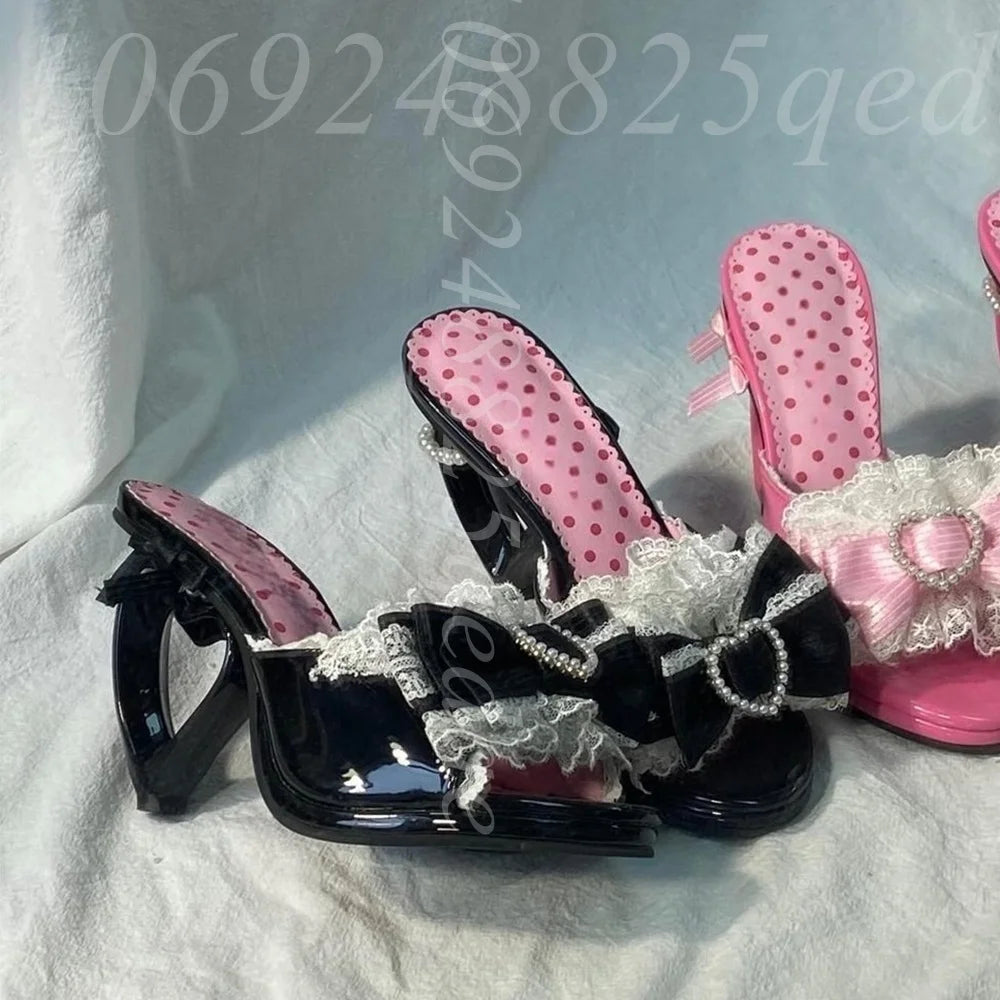 Patent Leather Heart Kitten Heel Mules with Lace Bow