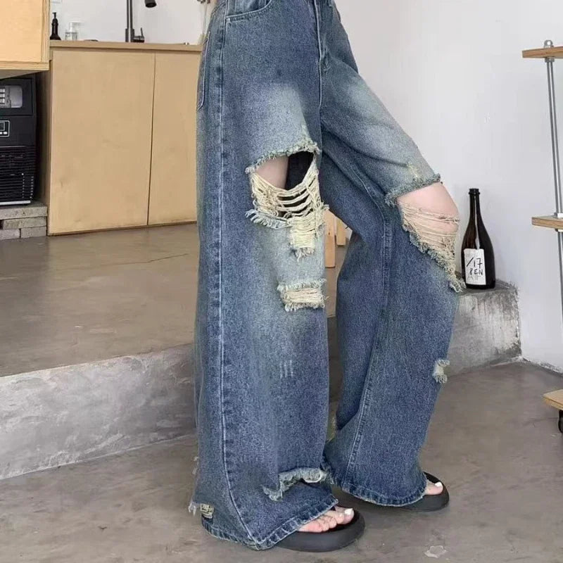 Pantalones casuales de mezclilla para mujer, jeans vintage rectos, pantalones de moda de otoño y primavera para mujer, azules, de pierna ancha con rotos