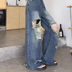 Pantalones casuales de mezclilla para mujer, jeans vintage rectos, pantalones de moda de otoño y primavera para mujer, azules, de pierna ancha con rotos