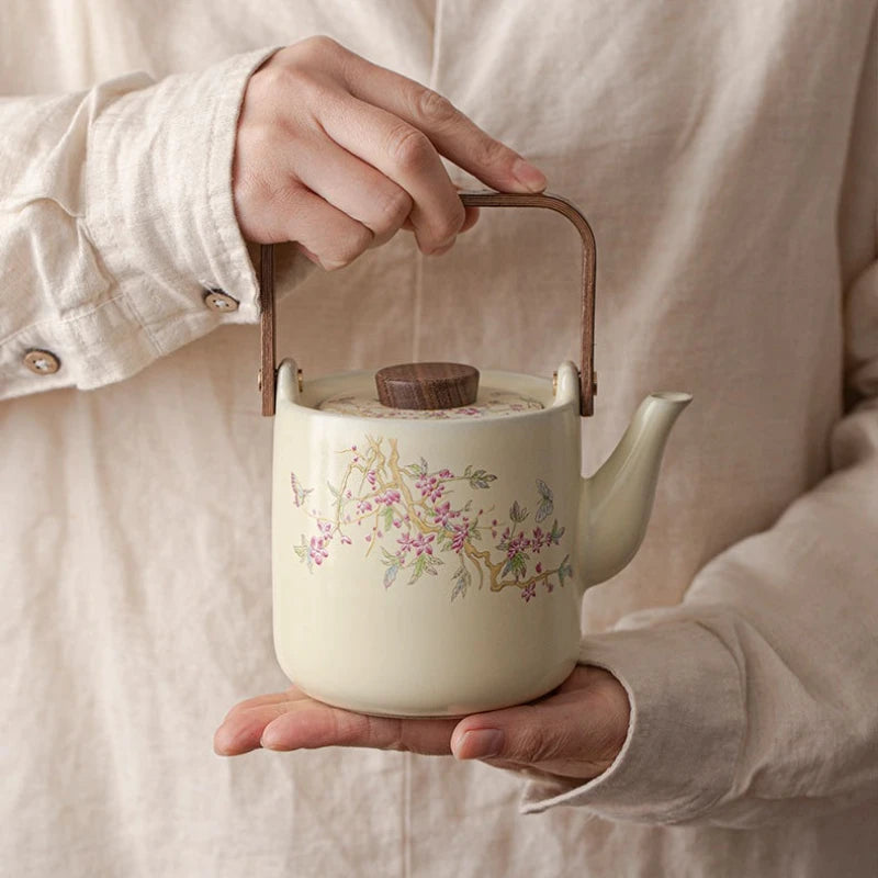 Beige Ru Kiln Wisteria Flower Teapot