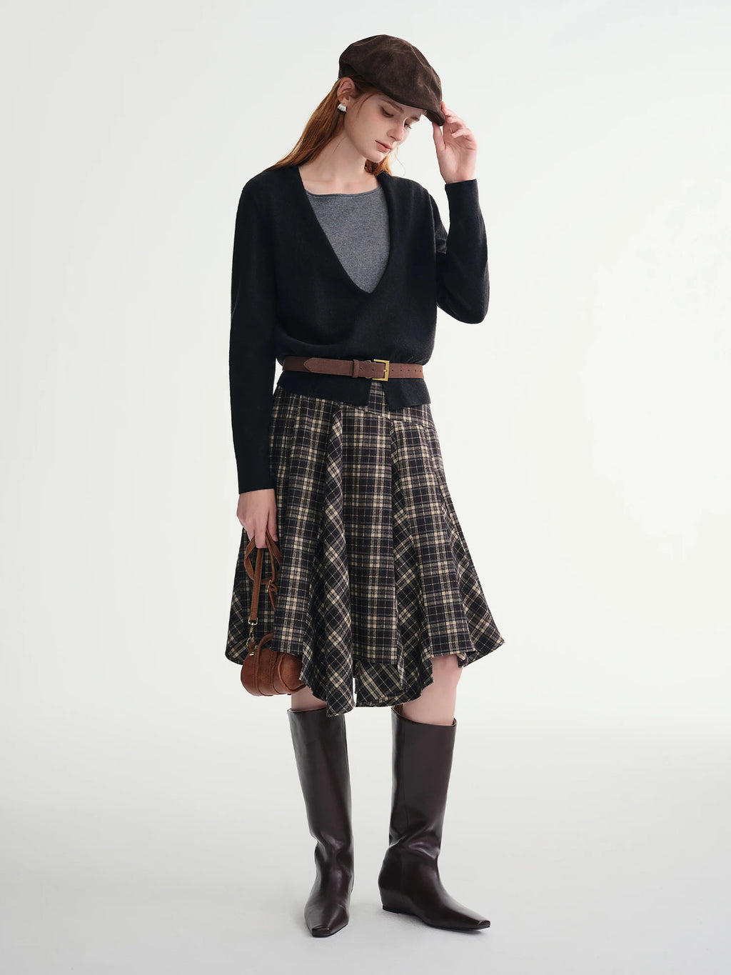DUSHU Falda irregular línea A 2025 Invierno Falda mujer vintage estilo americano a cuadros ropa de calle casual de largo medio Y2k