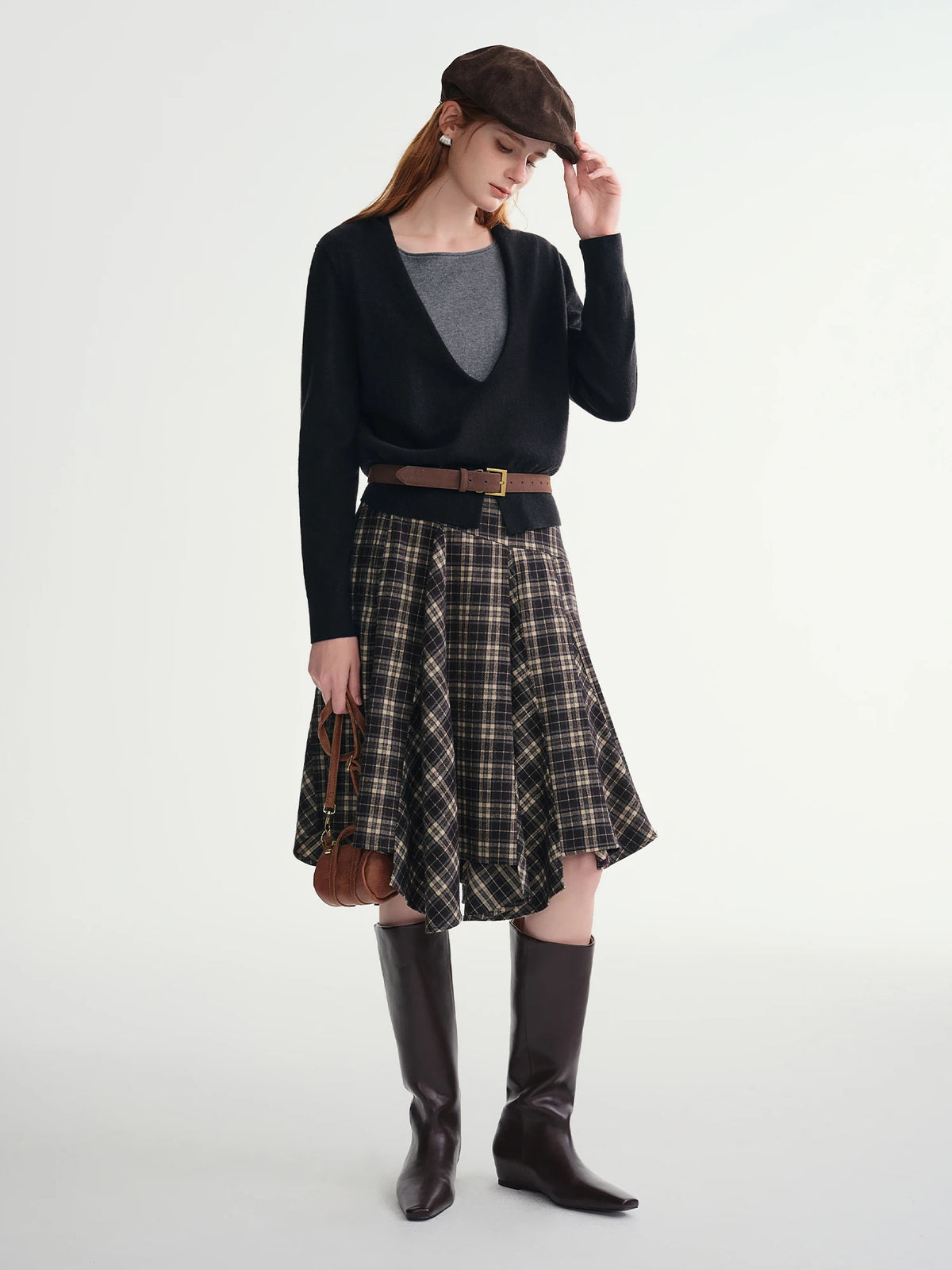 DUSHU Falda irregular línea A 2025 Invierno Falda mujer vintage estilo americano a cuadros ropa de calle casual de largo medio Y2k