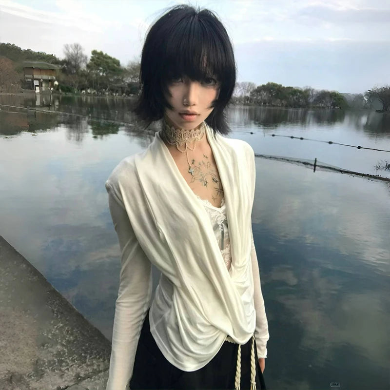 Asymmetric Draped Cross Long Sleeve Top