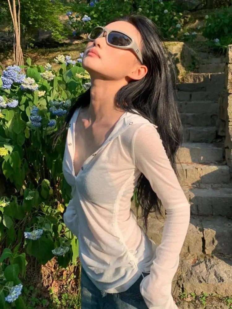 Seeslim Camiseta con Capucha Mujer Ropa Manga Larga Transparente Ajustada Ropa de los 2000 Camisetas Y2k Ropa Femenina Tops Elegantes de Primavera Coreanos