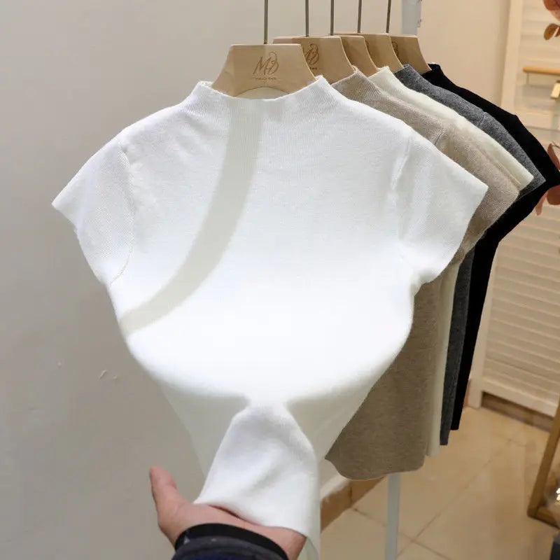 Jersey Básico de Cuello Alto Delgado Sólido Verano 2026 Pulóver Tejido de Manga Corta Ajustado para Mujer