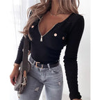 Knit Solid Color Long Sleeve Zipper V -Neck T-Shirt