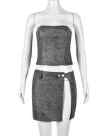 Top corto con escote de pico cruzado y botones + Conjunto de minifalda con abertura