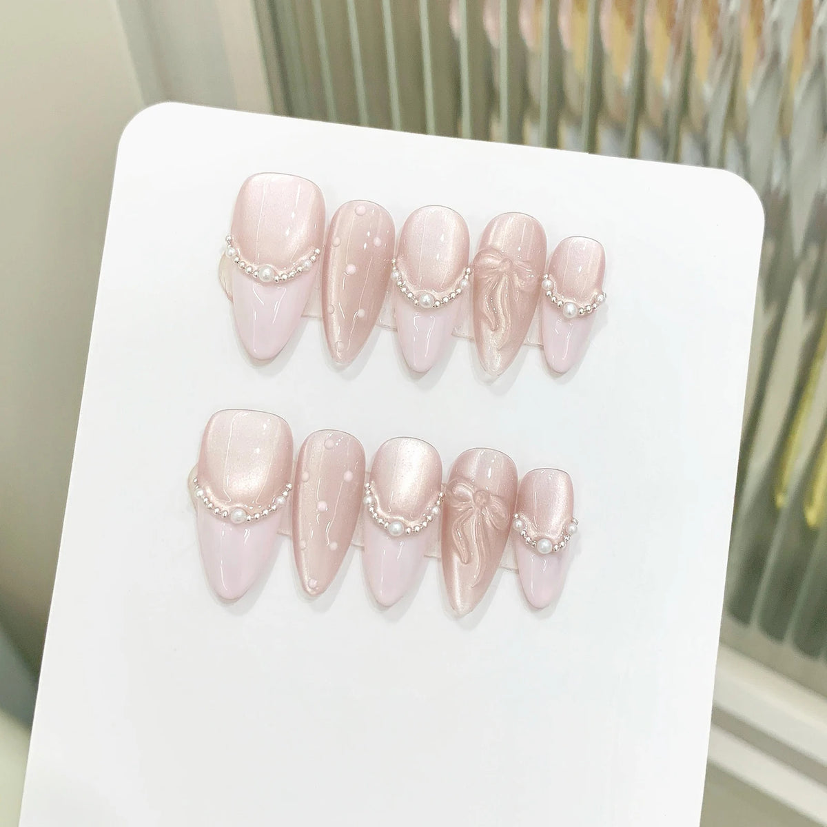 10pcs French Cat Eye Pink Bow Handmade Press on Nails