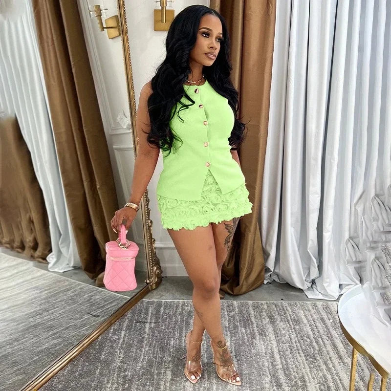 Sleeveless Single-Breasted Top and Floral Mini Skirt Set