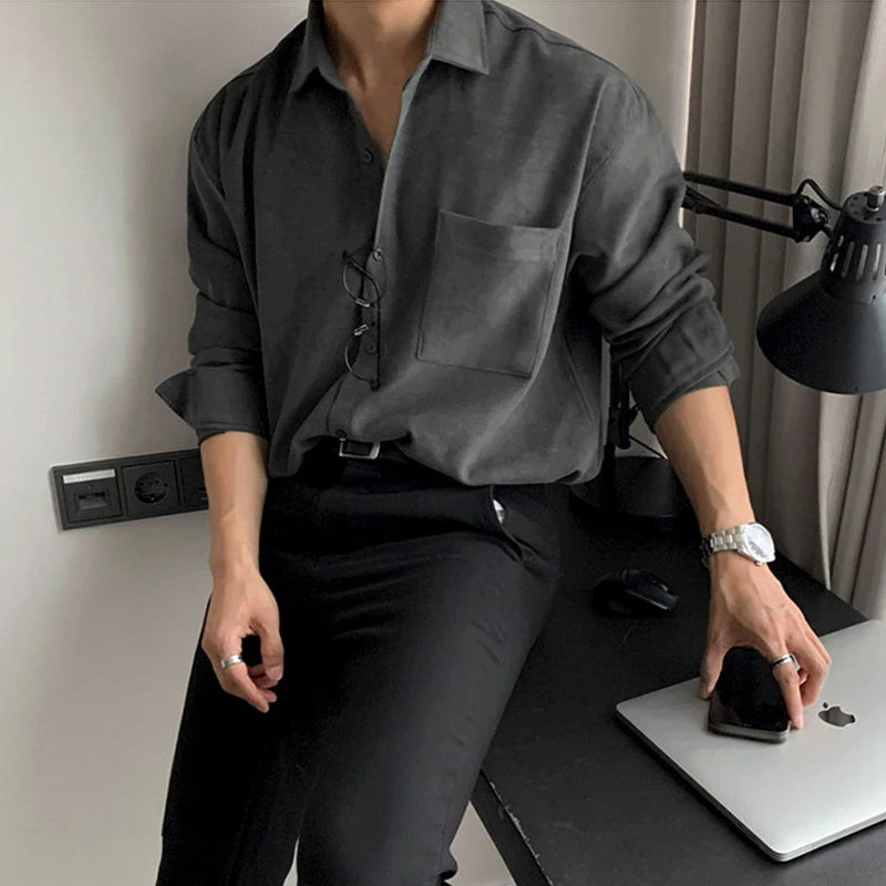 Buttons Turn Down Collar Long Sleeve Solid Color Shirt