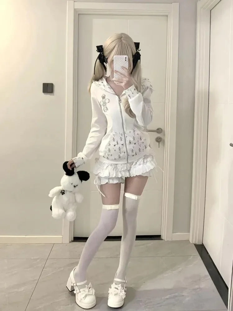 Rabbit Ear Hooded Lace Long Sleeve Sweatshirts Jacket + High Waist Cake Skirt