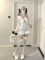Rabbit Ear Hooded Lace Long Sleeve Sweatshirts Jacket + High Waist Cake Skirt